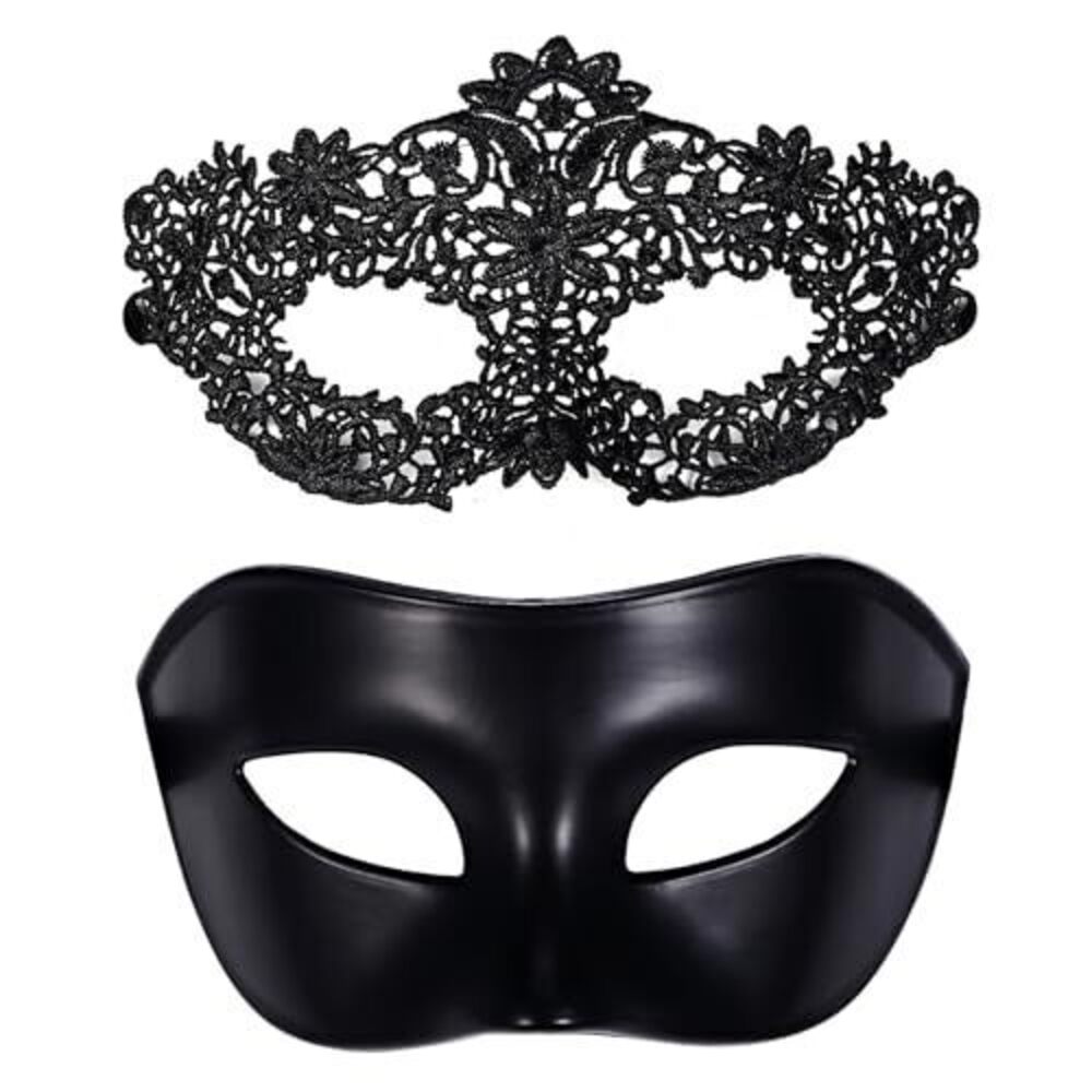 5933 Black Couple Masquerade Mask Set: Lace Carnival Venetian Mardi Gras